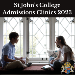 St John's College Admissions Clinics 2023 Logo - Two students on a window seat in a St John's College room.
