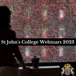 St John's College Webinars 2023 Logo - A silhouette of a student looking out their window towards the wall of red Boston Ivy in St John's College.