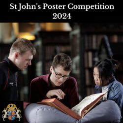 Three St John's students reading a book in the Old Library