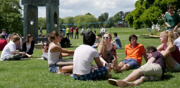 Group of students socializing outside on the field
