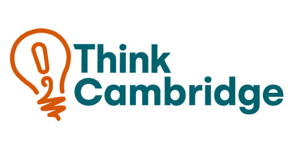 Think Cambridge logo Think Cambridge logo which contains Think Cambridge written in green on white background and an orange light bulb with an exclamation mark in it