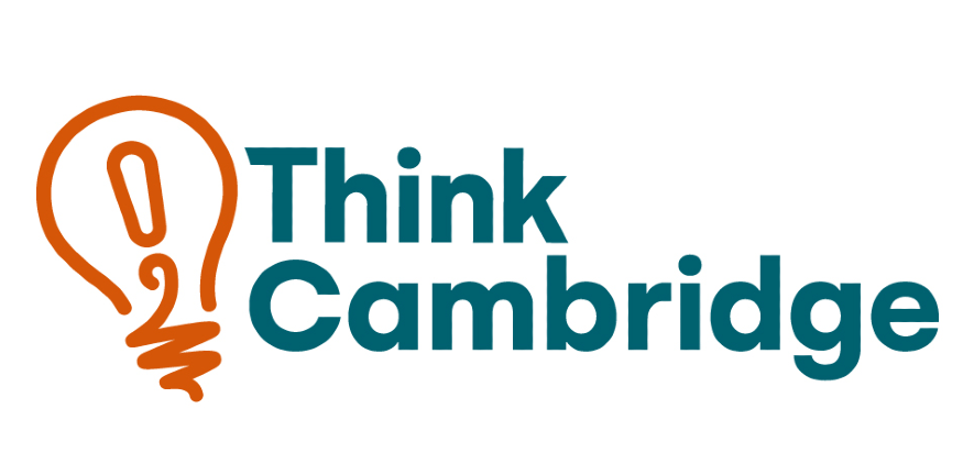 Think Cambridge logo which contains Think Cambridge written in green on white background and an orange light bulb with an exclamation mark in it